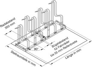 Technische Ansicht: Standparker Typ 4000 Radabstand, Bügelabstand, Stellraumtiefe und Länge (Art. 4056)