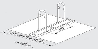 Technische Ansicht: Anlehnbügel -Track-, Radabstand, Bügelabstand und empfohlene Stellraumtiefe (Art. track32)